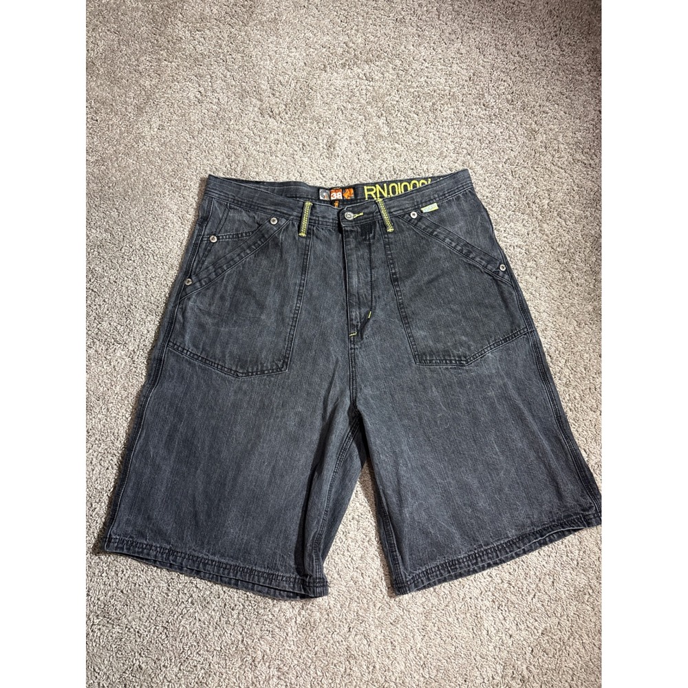Vintage Y2K Akademiks Mens Black Denim Carpenter Shorts Size 38 Relaxed